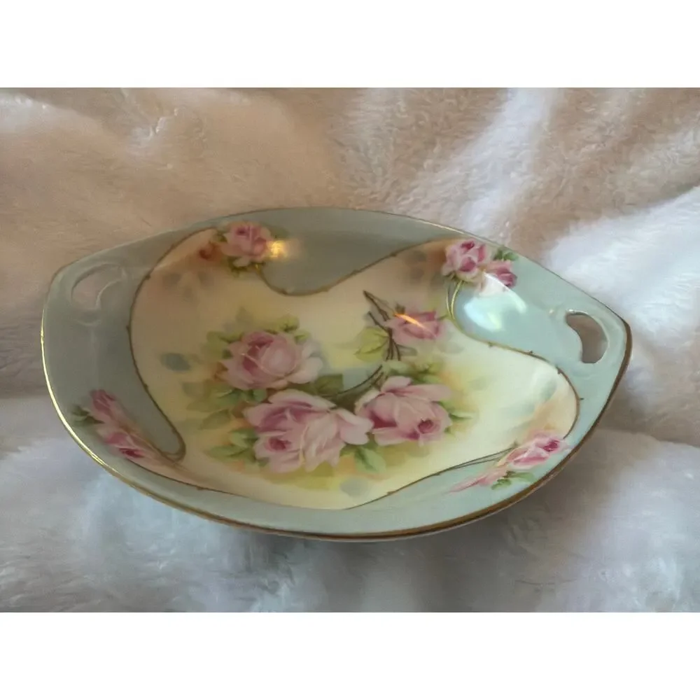 Vintage Royal Rudolstadt Prussia Pink Roses Handled Nut Candy Bowl Gold Trim 6